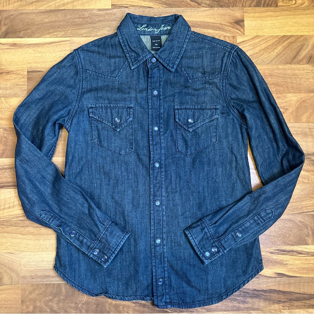 London Jean Western Denim Shirt Blue Pearlized Snaps Dark Wash Size XS